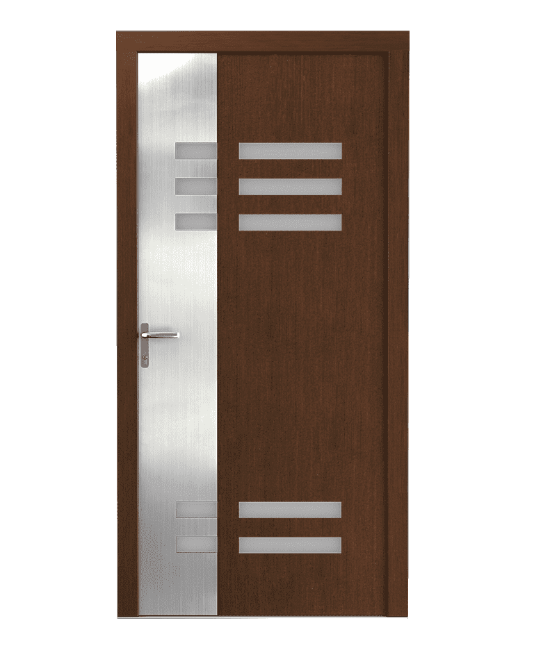 Porte d'entrée bois teak vitrage opaque inox fraisée modèle TULIA – Romisol Suisse