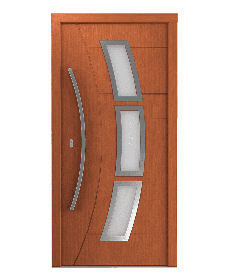 Porte d'entrée bois vieux pin vitrage satinato bâton maréchal modèle OFELIA – Romisol Suisse