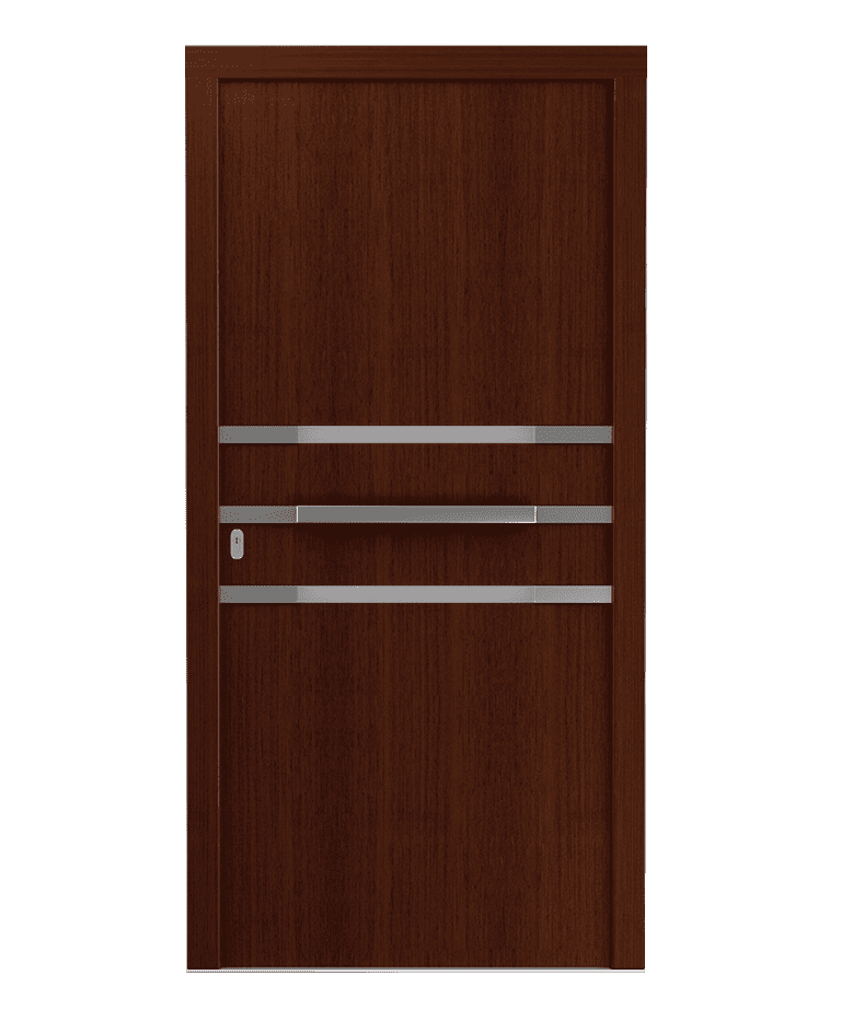 Porte d'entrée bois brun chocolat vitrage opaque inox modèle ALBA – Romisol Suisse