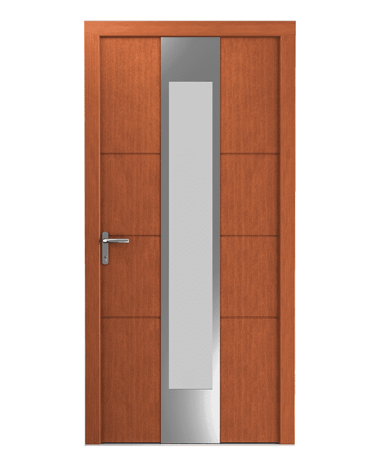 Porte d'entrée bois vieux pin vitrée inox fraisée modèle PECOS – Romisol Suisse