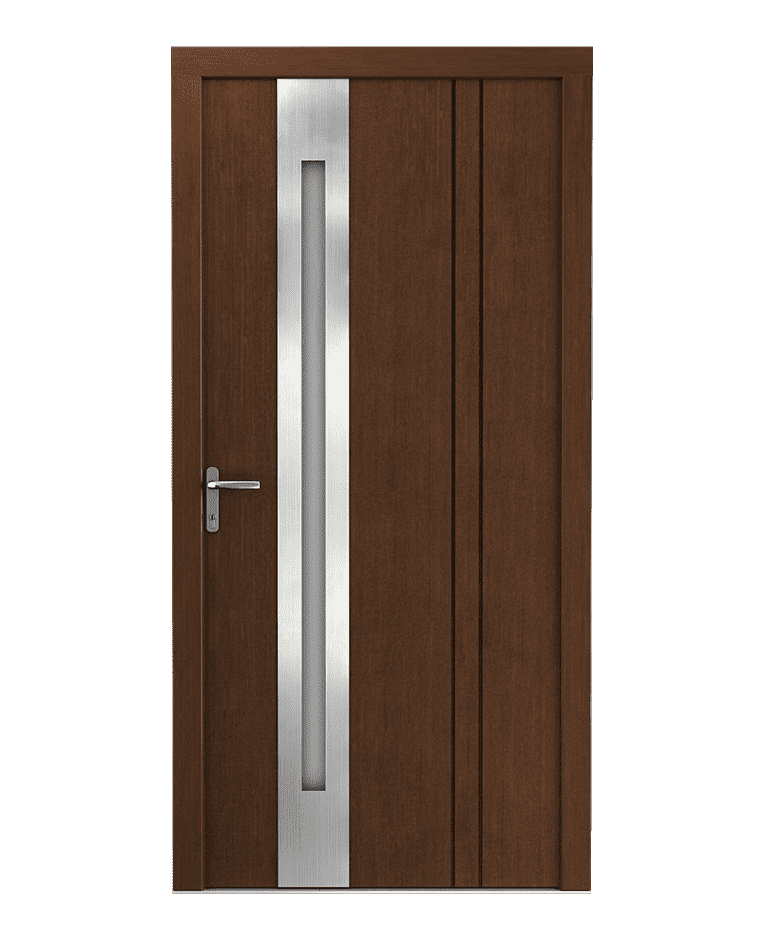 Porte d'entrée bois teak vitrée inox fraisée modèle NICETA – Romisol Suisse