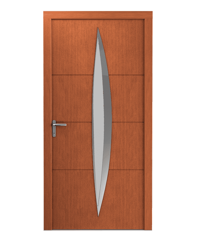 Porte d'entrée bois vieux pin vitrage opaque inox fraisée modèle THELON – Romisol Suisse