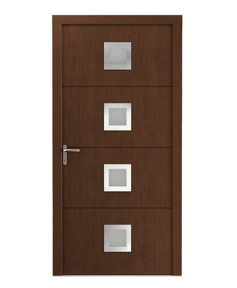 Porte d'entrée bois teak vitrée inox fraisée modèle KEIRA – Romisol Suisse