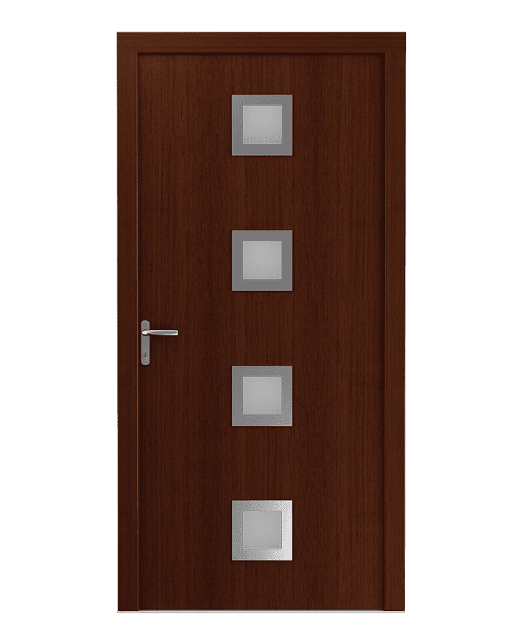 Porte d'entrée bois brun chocolat vitrée inox brossé modèle RESTINGA – Romisol Suisse