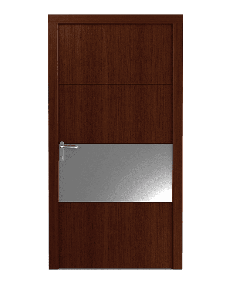 Porte d'entrée bois brun chocolat moderne fraisée inox modèle MELA – Romisol Suisse