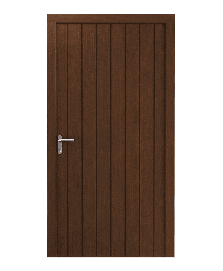 Porte d'entrée bois teak contemporaine fraisée modèle CANIS – Romisol Suisse